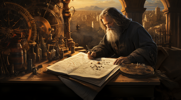 a philosopher looking over a map in ancient times
